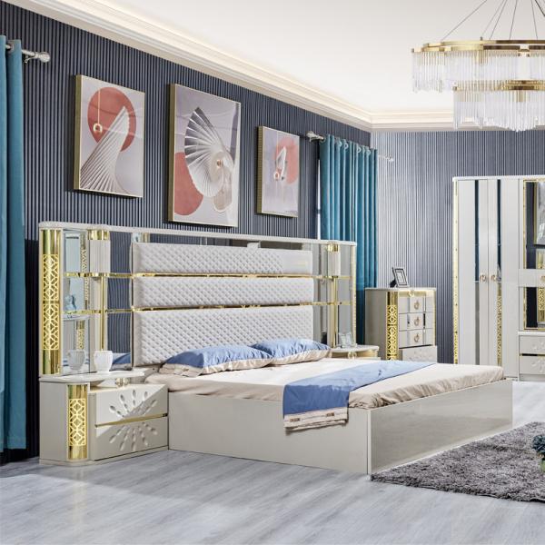 Modern Luxury Villa Wood Frame King Size Bed Home Royal Classic Wooden Queen Double Leather Full Bedroom Furniture Set