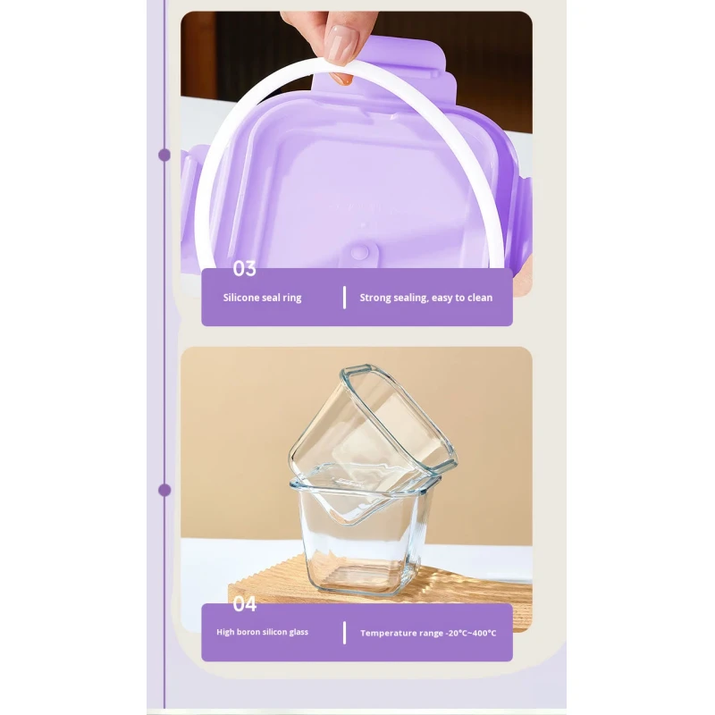 Large Capacity 850ml Microwave Refrigerator Safe Square Glass Food Container with Sealed Lid