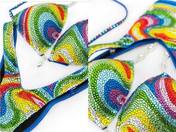 Spandex Fabric Fitness Competition Bikini Suits A B C Cup Colorful Crystal