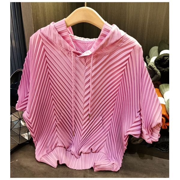 Hooded Pleated Lazy Style Summer Korean Version Loose Short Sleeved Solid Color T-shirt Top for Women