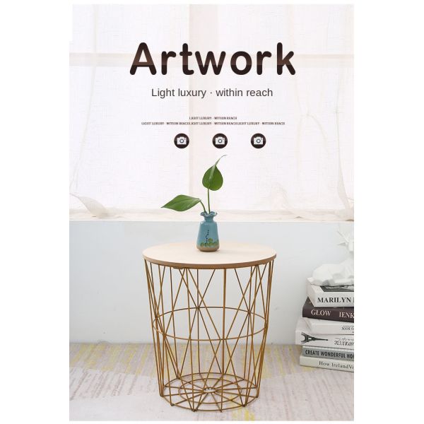 Modern Nightstand End Table Round Side Table Metal Mesh Base Wood Top Small Accent Coffee Table for Living Room Bedroom Office