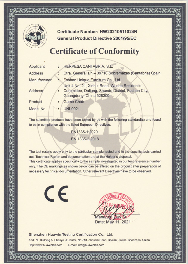 Foshan Unique Furniture Co., Ltd. Сертификации