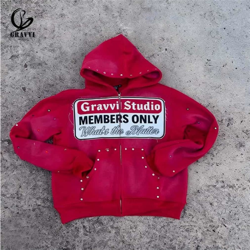 Red Rhinestone Zip Up Hoodie Oversized With Stud Detail For Men