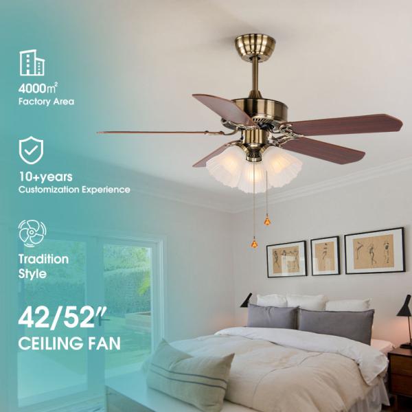 Fabricante Ac Dc Clásico estilo americano 42/52 pulgadas tira cadena de madera control remoto de cobre lámpara de antorcha ventilador de techo con luz