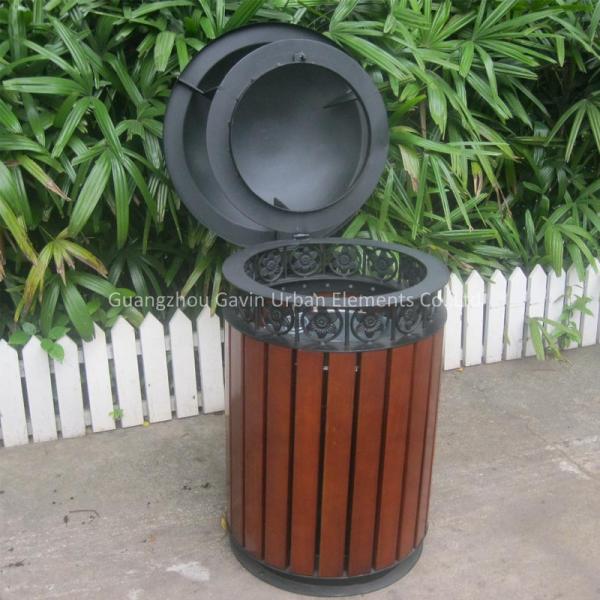 Public Hardwood Wooden Waste Bin With Galvanized Steel Liner