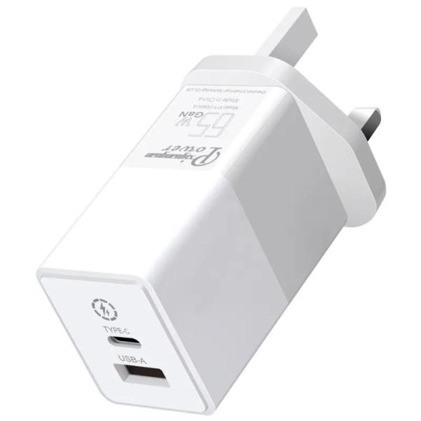 UK 2-Pin Wall Charger with USB-C and USB-A Ports, 65W Dual Port High-Speed Power Adapter for Laptop/Phone/Tablet
