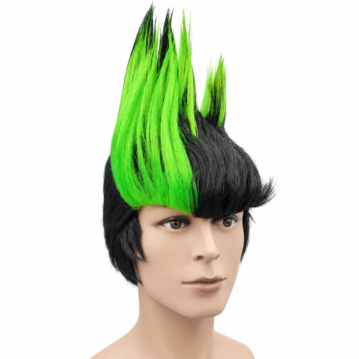 Wholesale Neon Green Black Spiked Punk Wig for Adults, Synthetic Mohawk Costume Hairpiece for Halloween, Cosplay, Rock Parties, Stage Shows, Festivals, Events, Retailers and Custom Orders