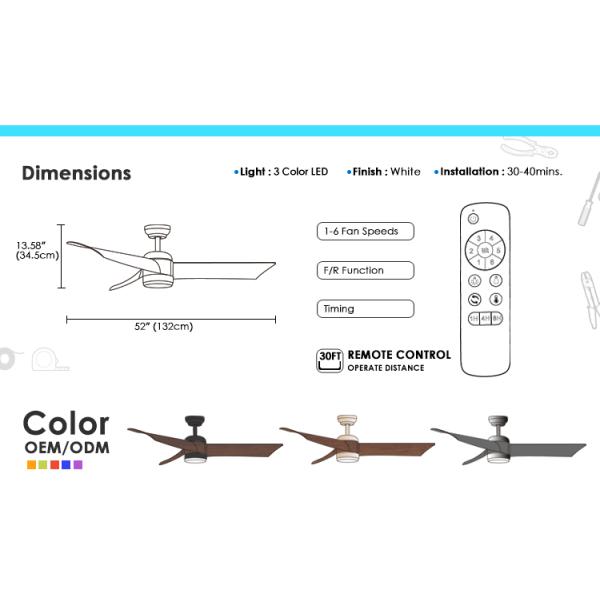 Ventilador de teto LED de lâminas ABS personalizado com soluções de controle e iluminação WiFi Tuya