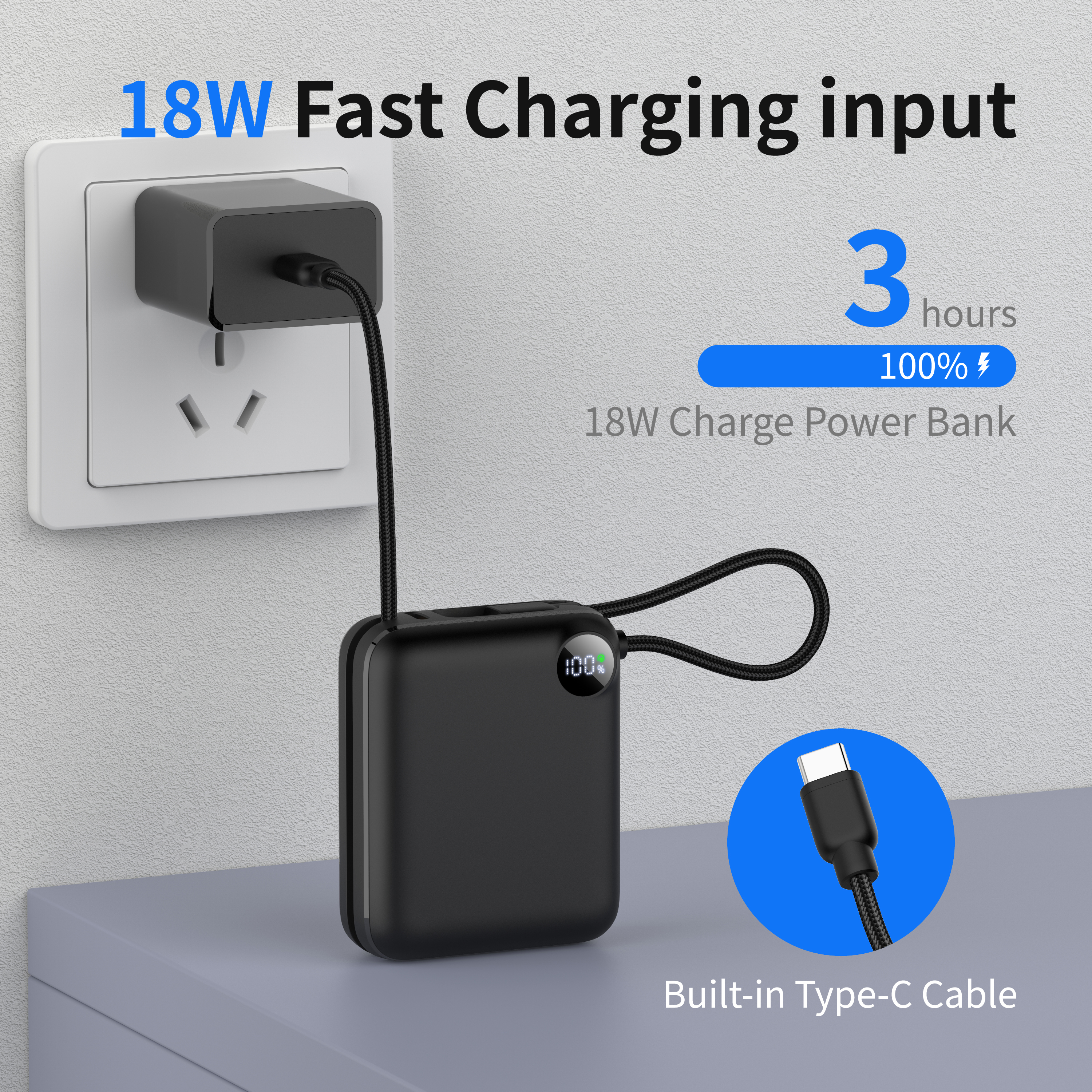 10000mAh Compact Portable Power Bank Fast Charge With Two Built‑in Bidirectional Type‑C Cables, Extra Type‑C Port LED Digital Display Fashion Mini External Battery Pack