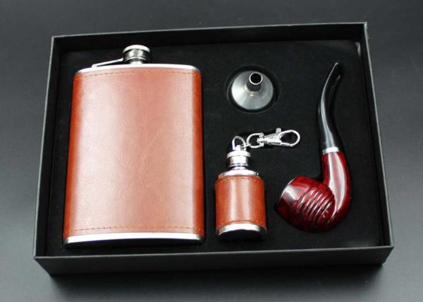 Portable Kitchen Household Items 9 Oz  Leather Hip Flask Business Gift Pipe Set