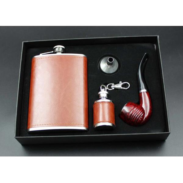 Portable Kitchen Household Items 9 Oz  Leather Hip Flask Business Gift Pipe Set