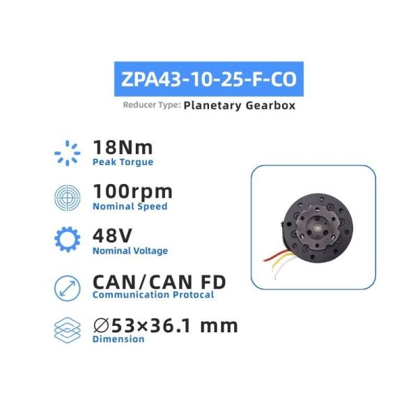 ZBDynamiX ZPA43-10-25-D-CO Integrated Planetary Joint Actuator | 18 Nm Peak Torque, 25:1 Ratio, OD53 mm