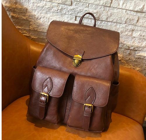 32cm Womens Waterproof Backpack Niche Vintage Leather Schoolbag