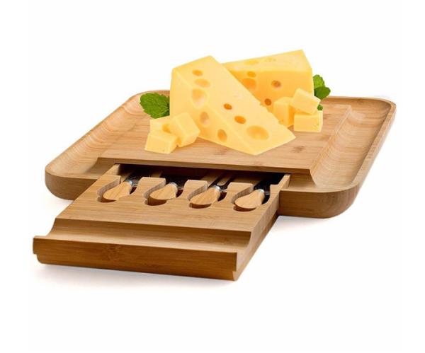 Outdoor Indoor Bamboo Cheese Board Cutlery Knife Set With Laser Or Burned Logo