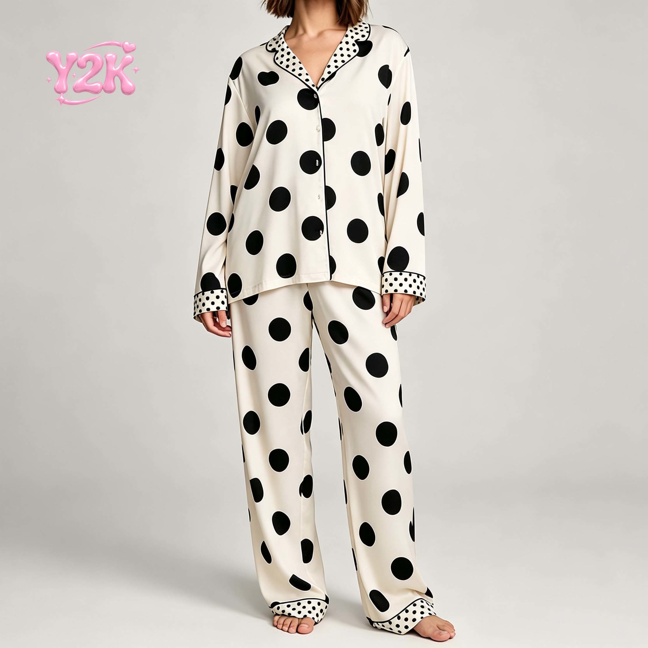 Custom Women's Polka Dot Button Shirt Wide Leg Pajama Set
