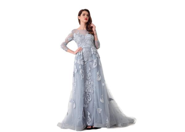 Backless Sexy Tulle Long Sleeve Evening Gowns Built - In Bra Light Blue