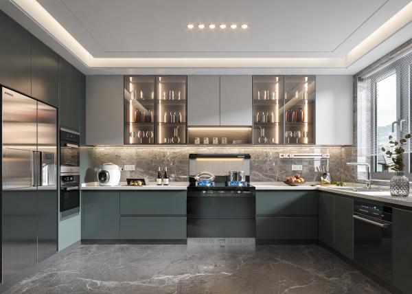 Fabricante de armários de cozinha com painéis de porta de membrana de PVC e backsplash