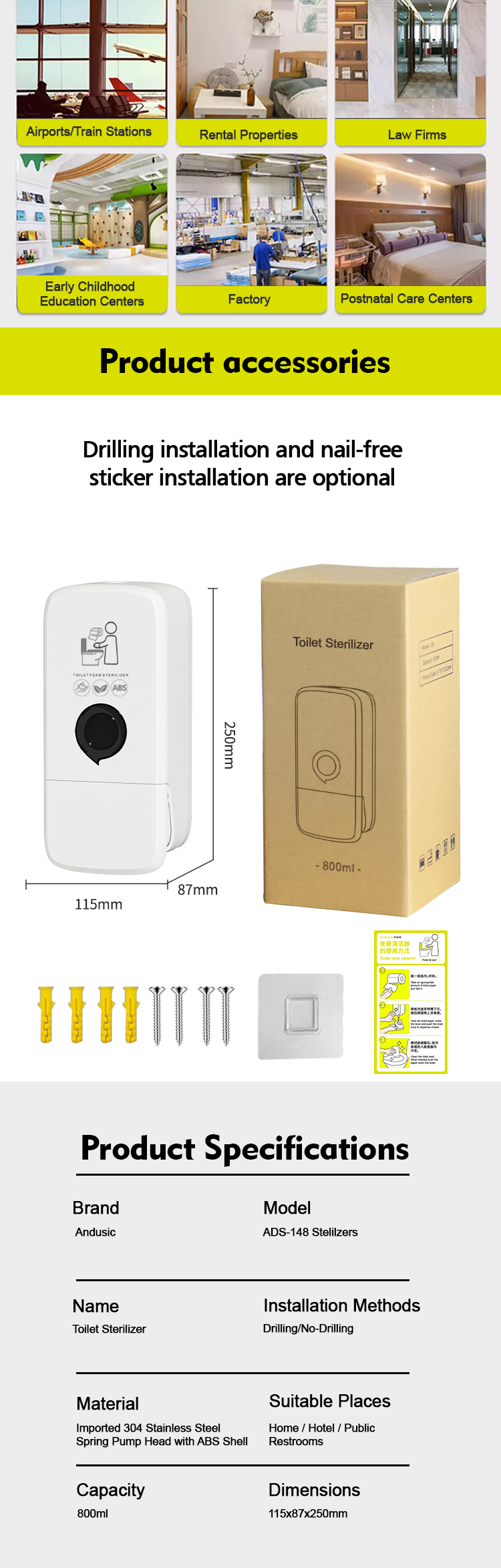 ABS Plastic 800ML Toilet Foam Soap Dispenser Commercial Wall Mounted Sanitizer Dispenser