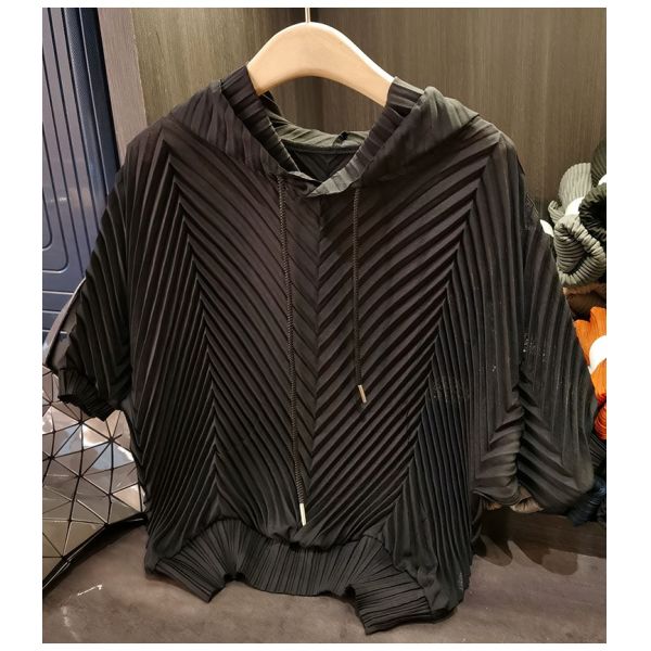 Hooded Pleated Lazy Style Summer Korean Version Loose Short Sleeved Solid Color T-shirt Top for Women