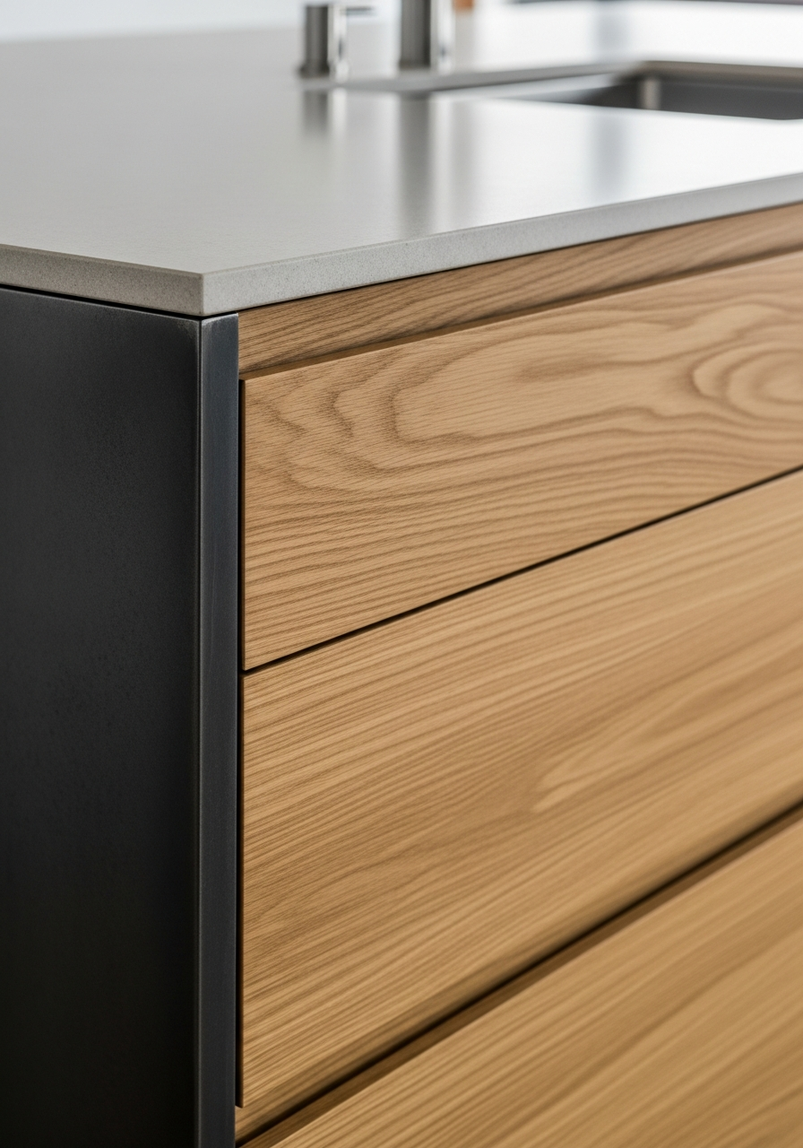 Japandi Honey Oak Kitchen Cabinet in 304 Stainless Steel