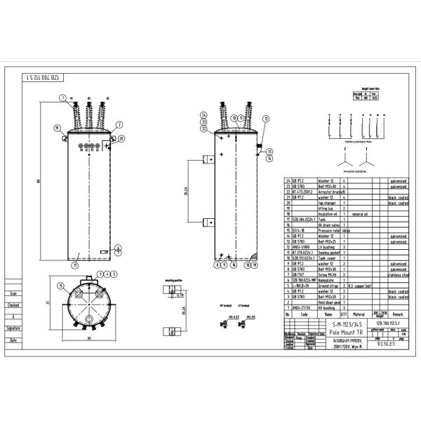 112.5Kva Трехфазный распределительный трансформатор 3P ANSI/IEEE 34500GrdY