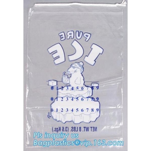 ECO FRIENDLY ICE PACK BAGS, ECO GREEN PACKAGING, BIO ICE BAG, disposable drawstring top crystal clear ice plastic bag,