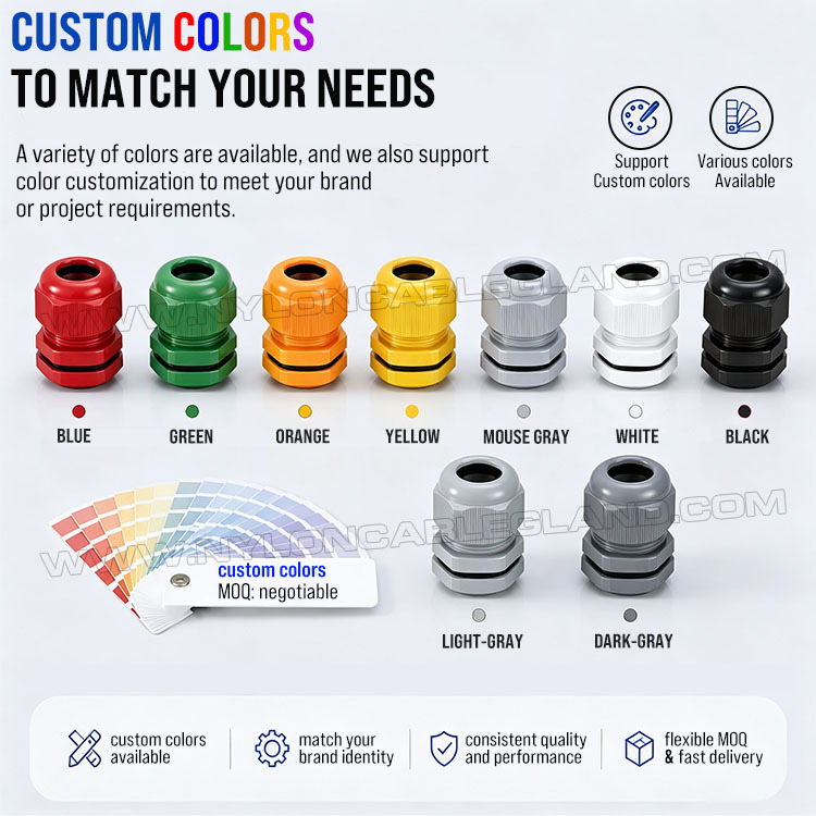 Customize different colors of plastic nylon polyamide watertight cable glands and cord grips Colored Cable Glands, Nylon 6 (Polyamide 6, PA6), PG13.5 (6-12mm & 5-9mm), IP68/IP69K, for Visual Identification & Cable organization