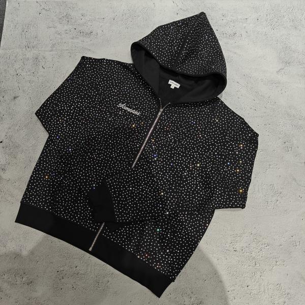 2025 Custom Big Hood Zipper Hoodie Jacket 100% Cotton French Terry All Over Print Rhinestone Zip UpHoodie for Men