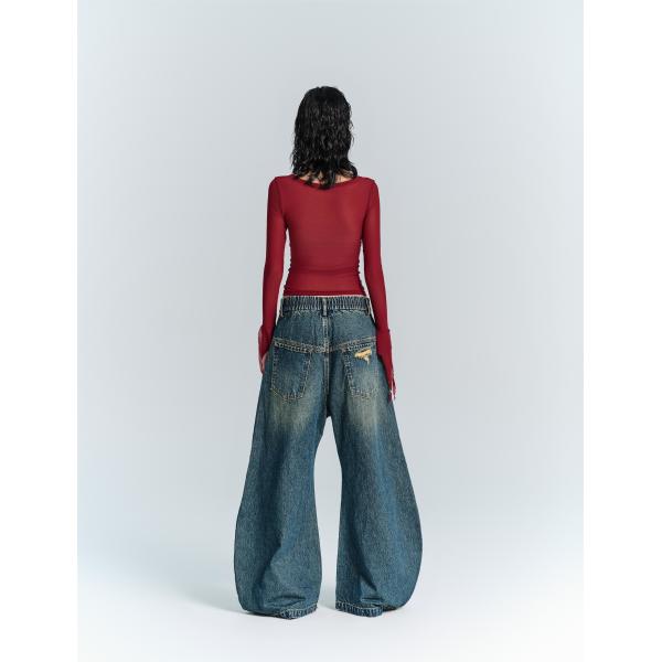 Streetwear Fashion Y2K Style Wide Straight Leg Fit Denim Jeans with Hole Decoration