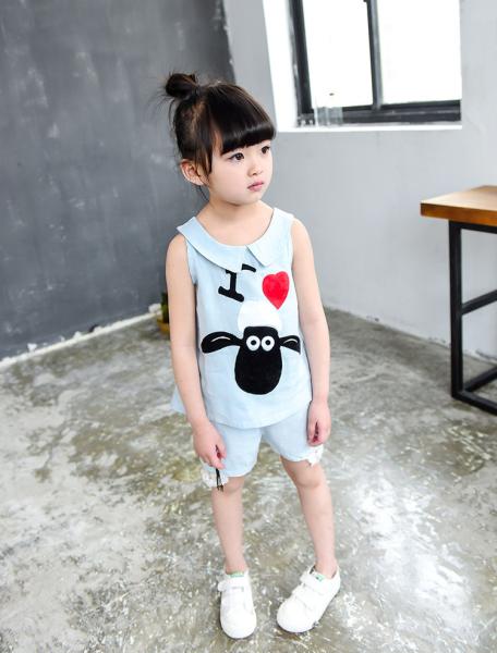 2016 Fashion Girl Kid's Clothes Set Little Sheep Sleeveless Tops+ Short Pants Jeans T309