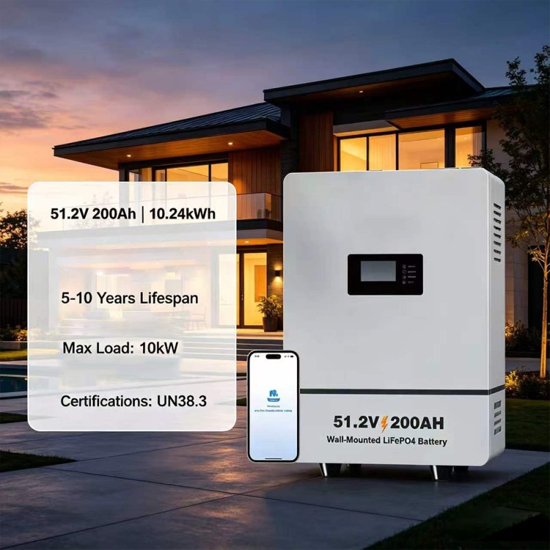 10.24kWh 51.2V 200Ah LiFePO4 Wall-Mounted Home Energy Storage System for Solar Use with CAN/RS485
