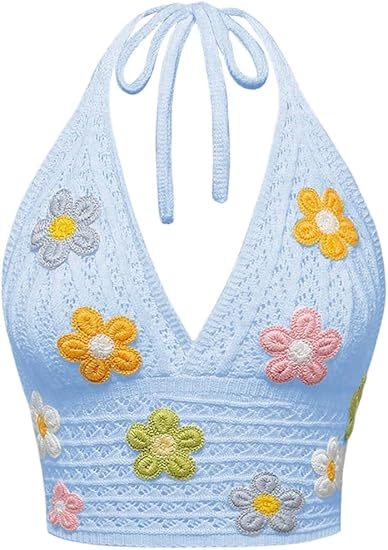 Crochet Halter Top Goth Clothes Hippie Top Boho Crop Tie Backless Knit Cami Tank Crochet Swimsuit Beach Overskirt Swimsuit Cover Ups