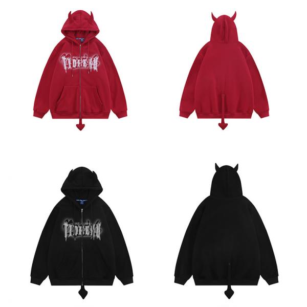 8oz 12 Ounce Zipped Hooded Sweatshirt Devil Horn Printed Fleece Blank Unisex Couple Men Oversized Full Zip Up Pullover