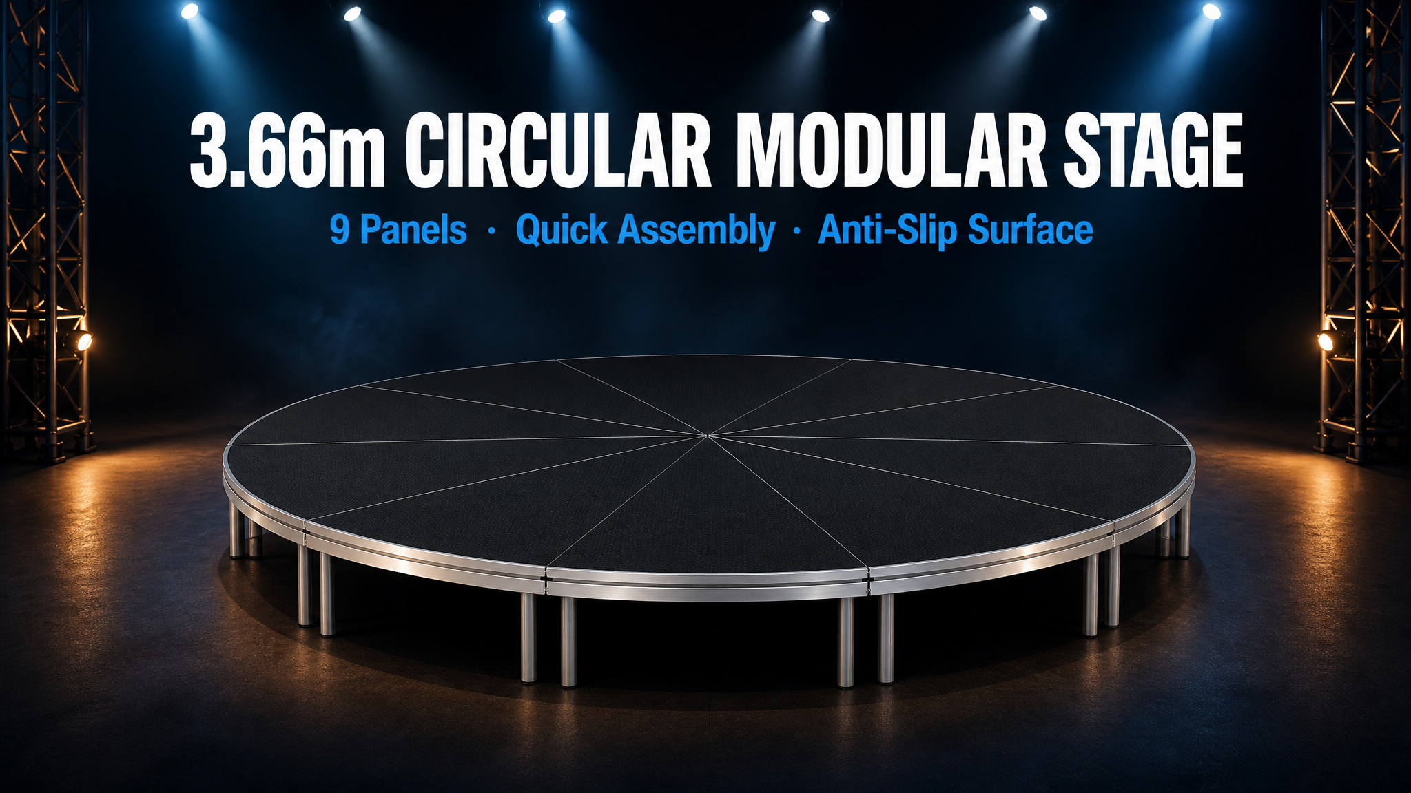 Circular Modular Stage Platform 3.66m Diameter with Black Anti-Slip Surface and Adjustable Height 45-60cm