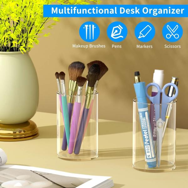 Acrylic Pen Holder 2 Pack,Clear Desktop Pencil Cup Stationery Organizer For Office Desk Accessory -Round
