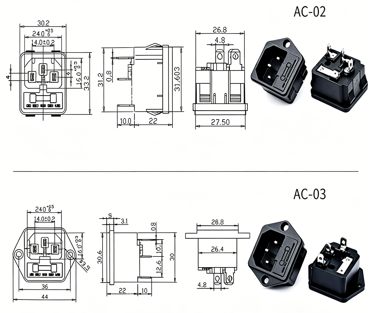 IEC 60320 AC Power Socket 10A 1500V Panel Mount for UPS Systems