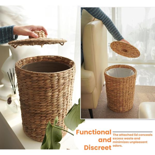 Wicker Waste Basket - Water Hyacinth Bathroom Garbage Can With A Lid - Bathroom Trash Can Boho Style - Wicker Trash Can With Lid For Household, Kitchen - Removable Liner, Iron Frame