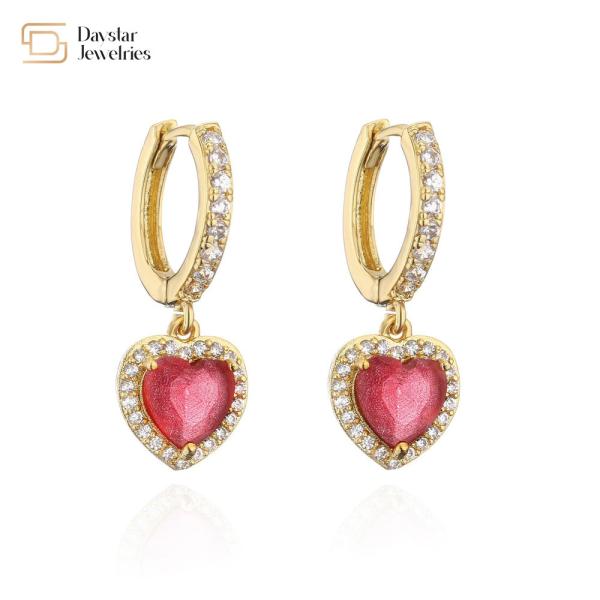 24k Gold Plated Diamond Brass Hoop Earrings , Zircon Crystal Heart Dangle Drop Earrings