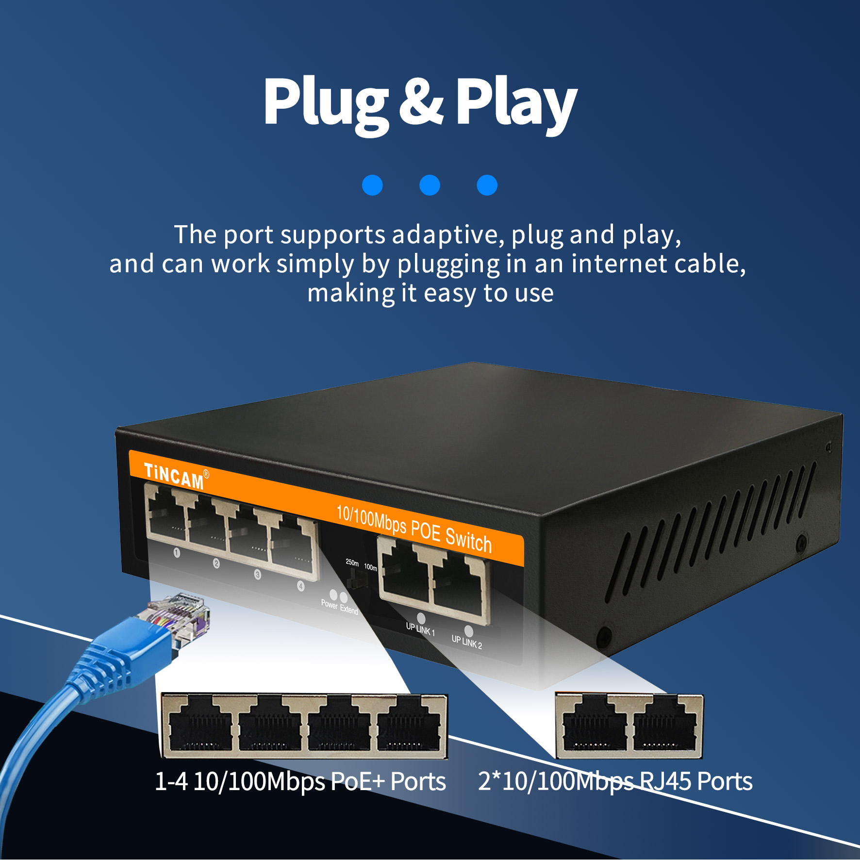 6 Port Fast Ethernet PoE Switch 4 PoE Ports 2 Uplink Ports 10/100Mbps Unmanaged IEEE 802.3af/at 250m Extend VLAN Metal Case Built-in Power Supply TCE-PS4306N
