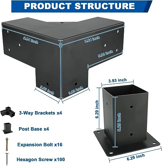 4 pouces de revêtement en poudre noire en métal bois bricolage kit de matériel de pergola pour gazebo lourd