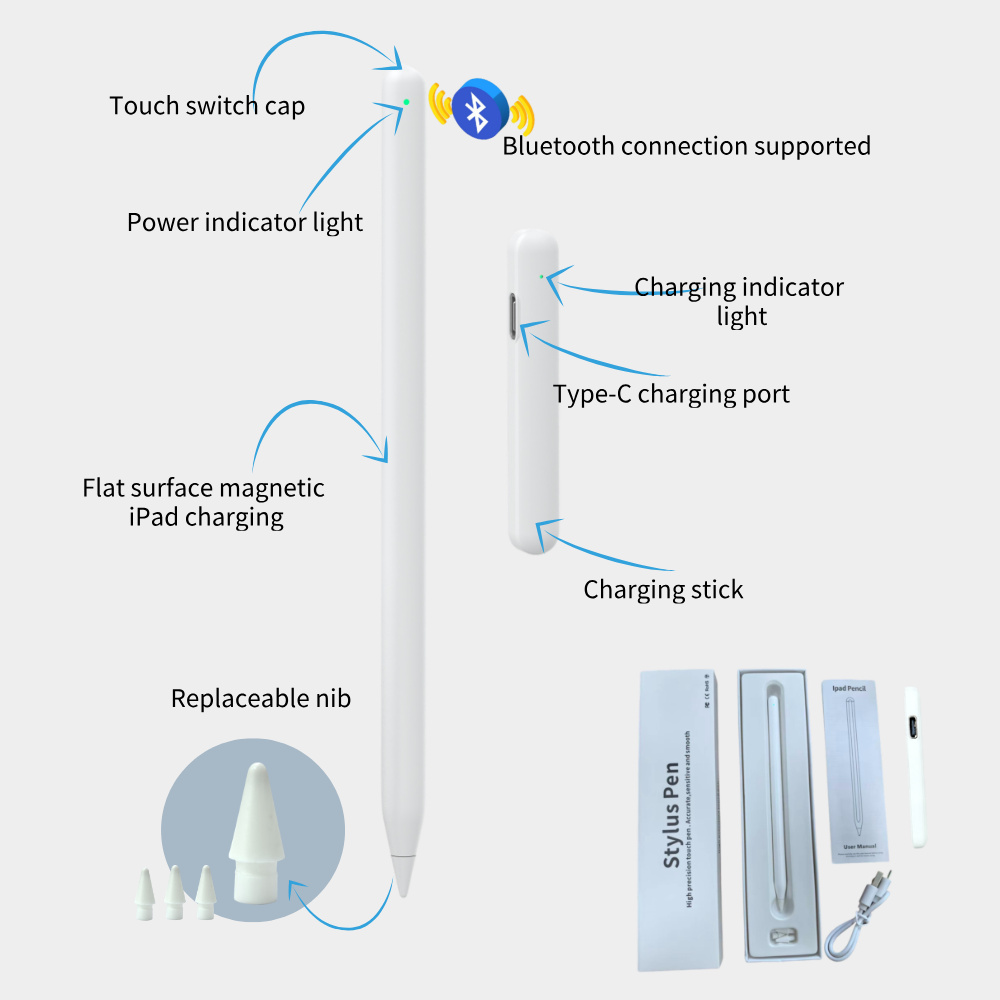 Magnetic Wireless Charging Stylus Pen for iPad with Bluetooth Connection Free Charging Transmitter Type-C Backup Charging
