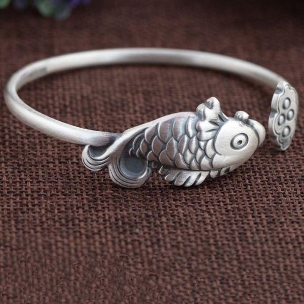 Sterling Silver Fish Design Engraved Retro Cuff Bracelet for Women (SZ0309)