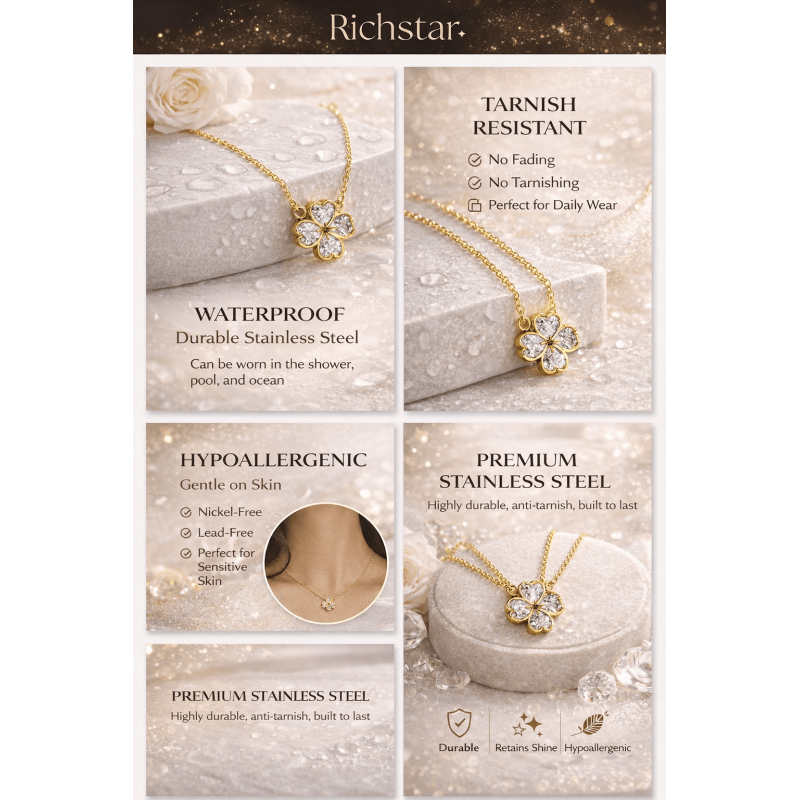 Waterproof Four Leaf Clover Necklace | Stainless Steel Hypoallergenic Lucky Pendant for Women