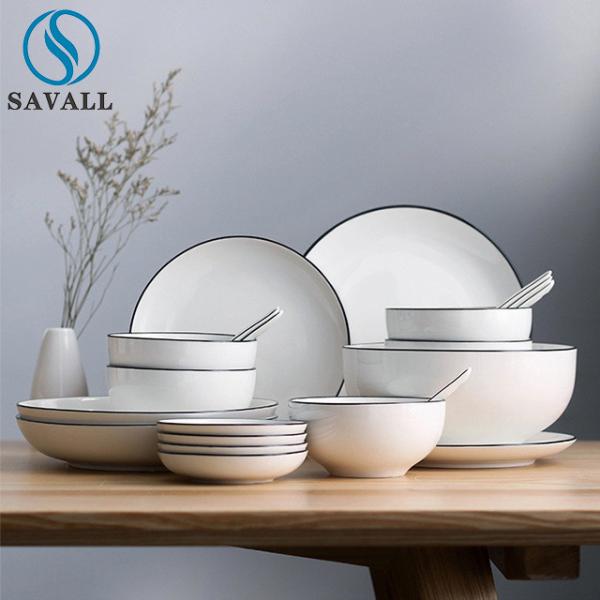 Farmhouse Black Rim 16 Piece Porcelain Dinnerware Set For Caterers Canteens