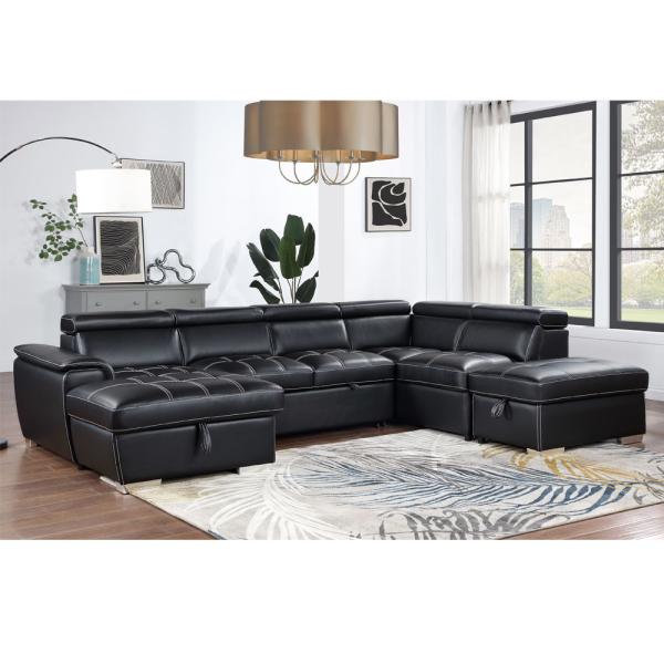 У-образный секционный спальный диван с выдвижной кроватью и хранилищем кресло-салон и регулируемые подушки для головы, черный легкий для дыхания кожаный