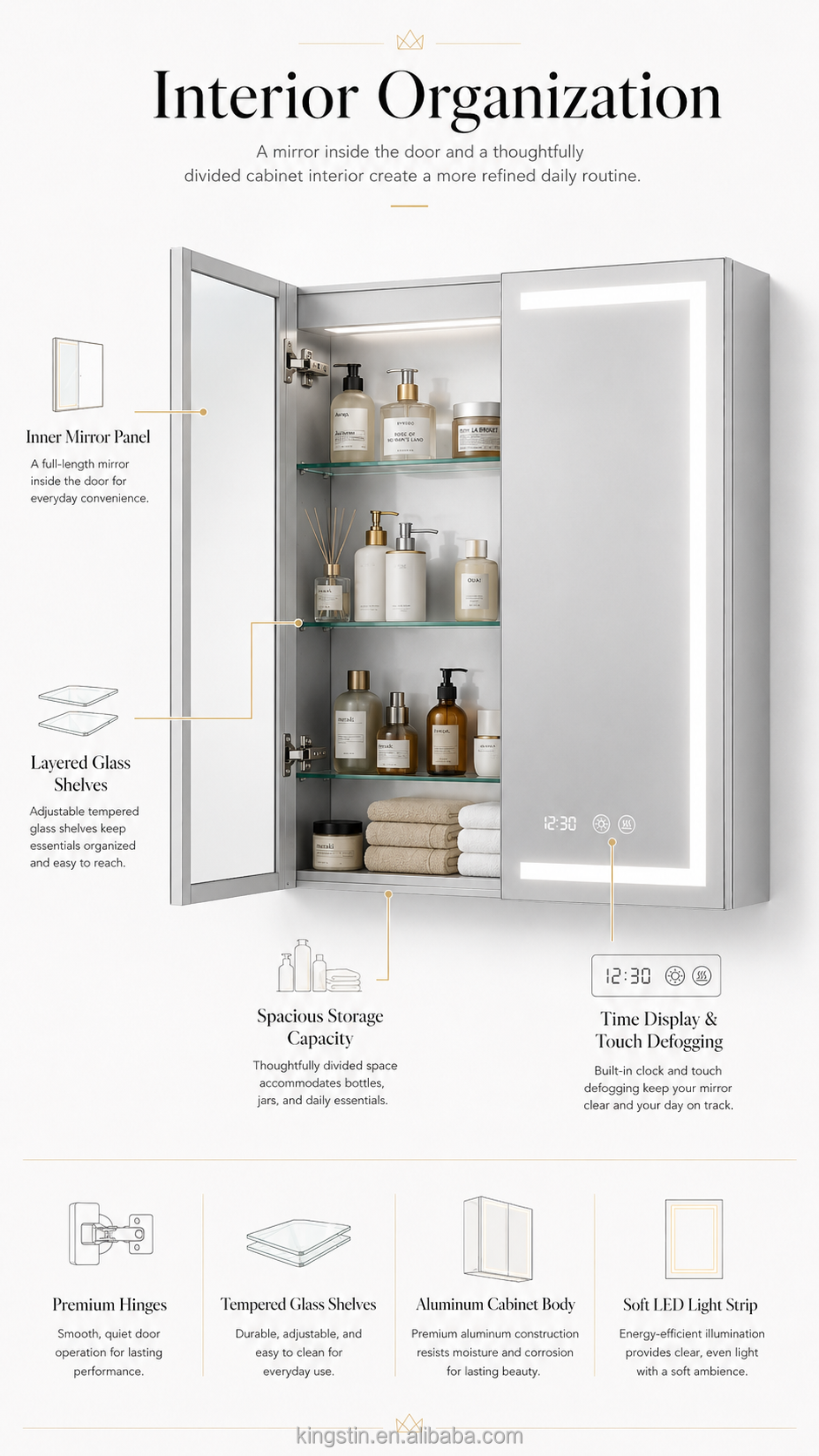 Kingstin Custom LED Bathroom Mirror Cabinet Aluminum Smart Medicine Cabinet with Defogger Clock Touch Light