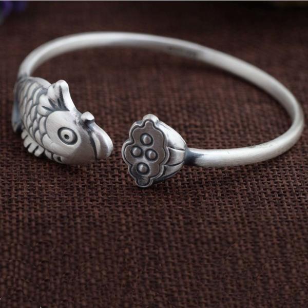 Sterling Silver Fish Design Engraved Retro Cuff Bracelet for Women (SZ0309)