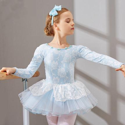 Children's lace ballet dance leotard dress with little flowers around the collar and butterfly knot on the back