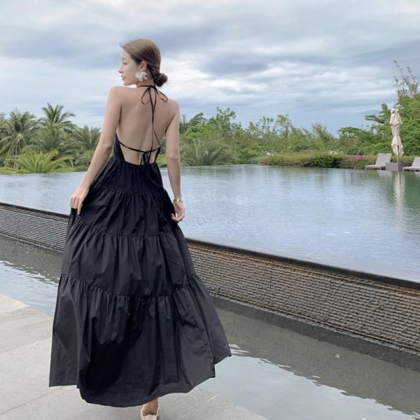 Women Sexy Low Cut Back Maxi Dress , Halter Neck Summer Maxi Dress