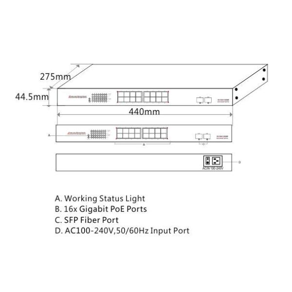 CA 100V - puertos del puerto el 1000M 802.3at 2 el 1000M SFP del interruptor 16 del POE de Ethernet 240V